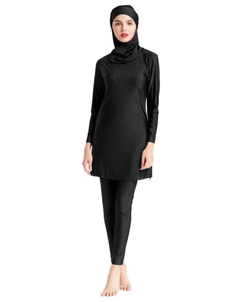 Women Modest Muslim Swimsuit Full Coverage Swimwear Islamic Hijab Swimming Burkini Swim Suit Solid Color Black $19.20 Swimsuits