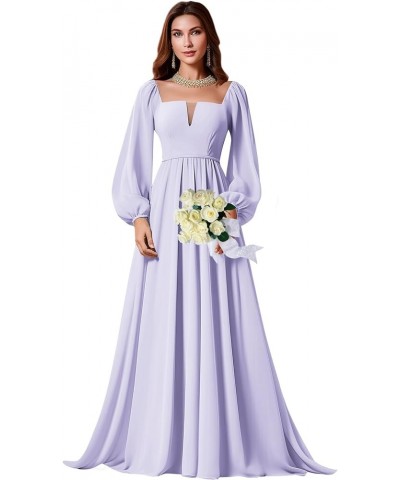 Long Sleeve Bridesmaid Dresses for Women Square Neck Chiffon Formal Evening Gown Lilac $24.75 Dresses