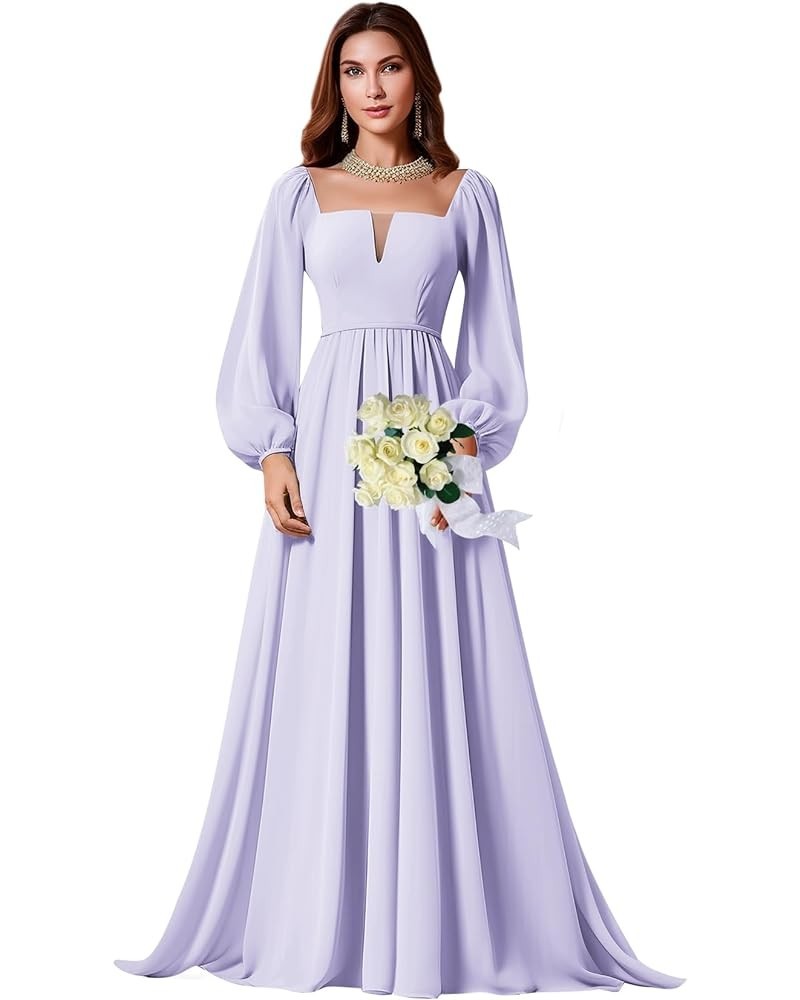 Long Sleeve Bridesmaid Dresses for Women Square Neck Chiffon Formal Evening Gown Lilac $24.75 Dresses