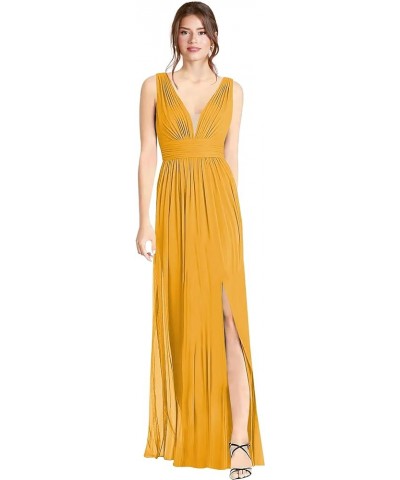 Women's Chiffon Bridesmaid Dresses with Sleeveless Empire Waist Deep V Neck Formal Evening Party Dress with Slit Mustard Yell...