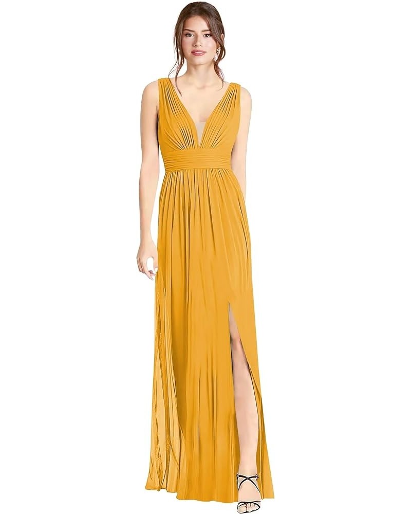 Women's Chiffon Bridesmaid Dresses with Sleeveless Empire Waist Deep V Neck Formal Evening Party Dress with Slit Mustard Yell...