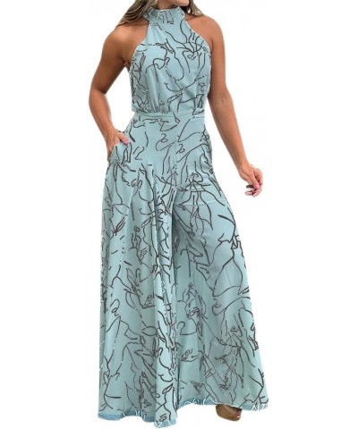 Women's Vacation Outfits Elegant Waist Drawstring Sleeveless Hanging Neck Trousers Printed Jumpsuit Summer Light Blue $10.87 ...