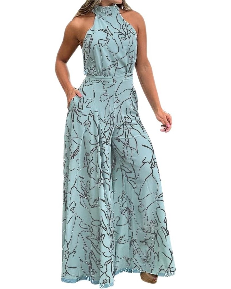 Women's Vacation Outfits Elegant Waist Drawstring Sleeveless Hanging Neck Trousers Printed Jumpsuit Summer Light Blue $10.87 ...