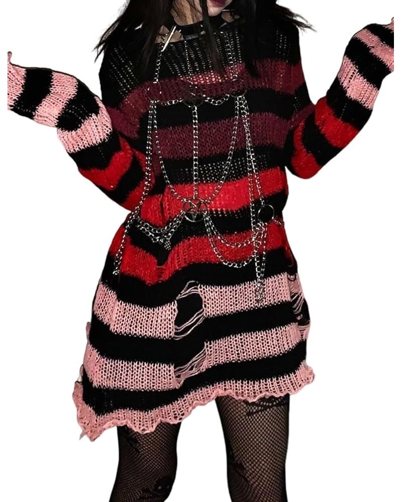 Women's See Through Hole Ripped Striped Long Knit Pullover Dress Sweaters Shirt Gradient-black Red $16.10 Sweaters