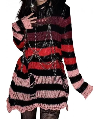 Women's See Through Hole Ripped Striped Long Knit Pullover Dress Sweaters Shirt Gradient-black Red $16.10 Sweaters