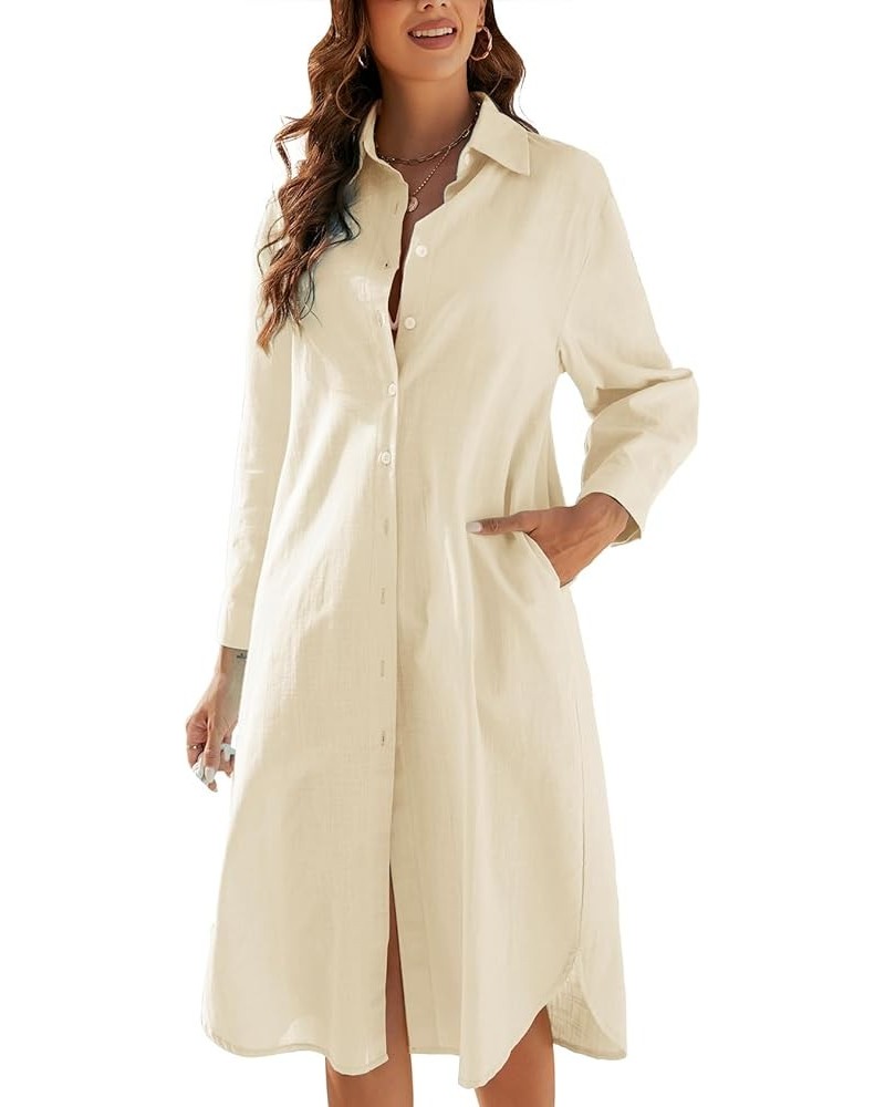 Womens Cotton Linen Shirt Dress Button Down Summer Maxi Shirtdress Midi Dress Beige $12.15 Dresses