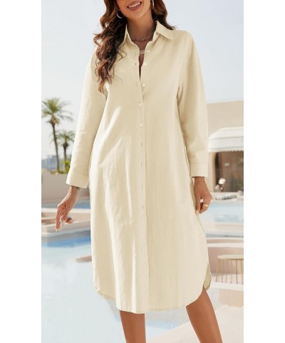 Womens Cotton Linen Shirt Dress Button Down Summer Maxi Shirtdress Midi Dress Beige $12.15 Dresses