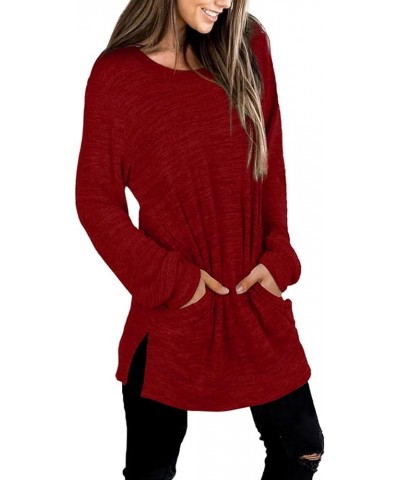 Women Long Sleeve Shirts Basic Tops Tunic Pockets Solid Color Sweatshirt Khaki S 118-red $18.69 Tops