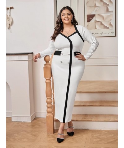 Women's Plus Size Colorblock Long Sleeve Split Hem Elegant Bodycon Maxi Dress White $17.76 Dresses