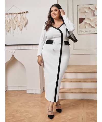 Women's Plus Size Colorblock Long Sleeve Split Hem Elegant Bodycon Maxi Dress White $17.76 Dresses