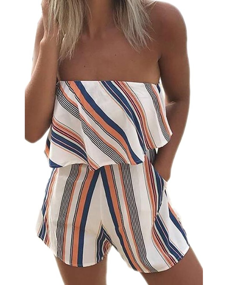 Women Off Shoulder Romper Strapless Floral Print Striped Beach Shorts Jumpsuit Orange $16.40 Rompers