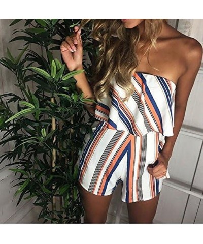 Women Off Shoulder Romper Strapless Floral Print Striped Beach Shorts Jumpsuit Orange $16.40 Rompers