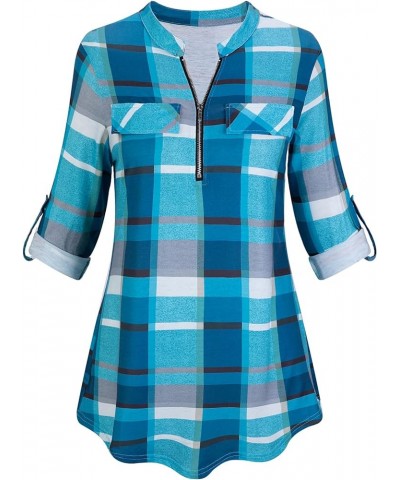 Womens Casual Long Sleeve Zipped V Neck Plaid Tunic Blouses B-turquoise $15.94 Tops