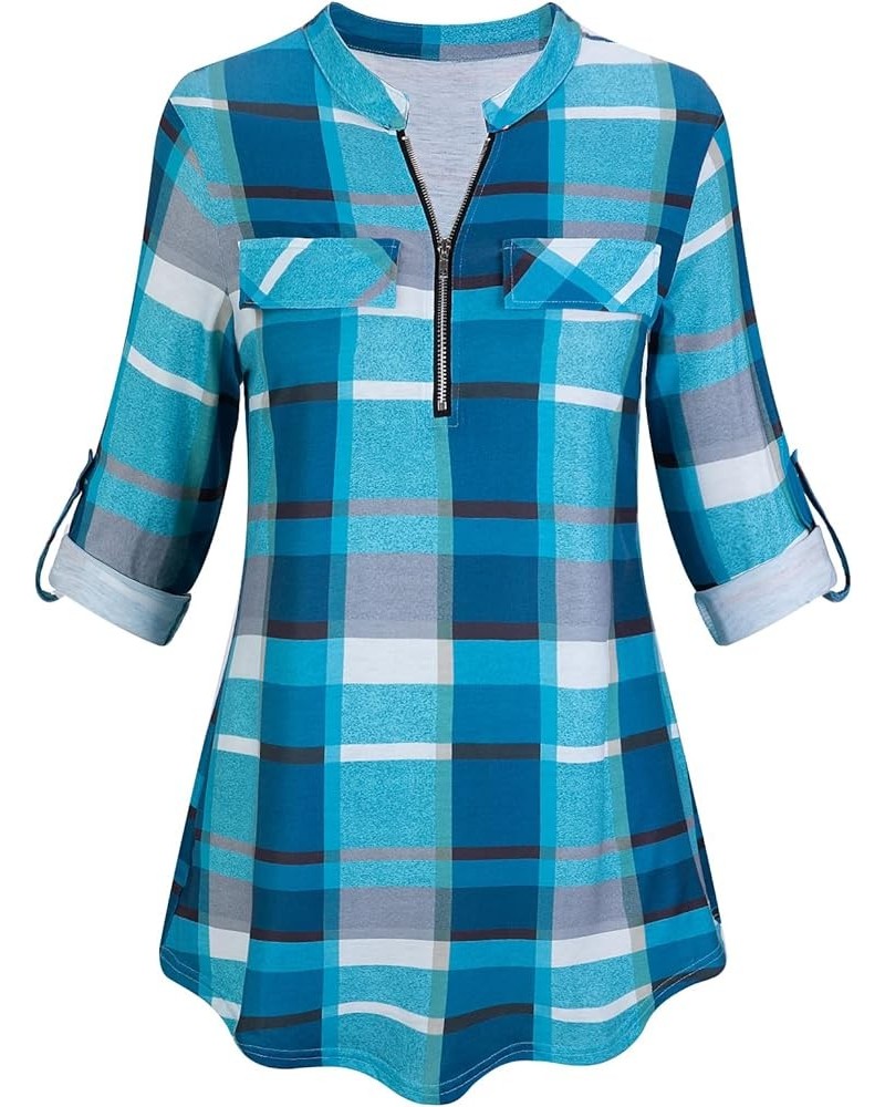 Womens Casual Long Sleeve Zipped V Neck Plaid Tunic Blouses B-turquoise $15.94 Tops