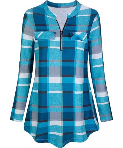 Womens Casual Long Sleeve Zipped V Neck Plaid Tunic Blouses B-turquoise $15.94 Tops