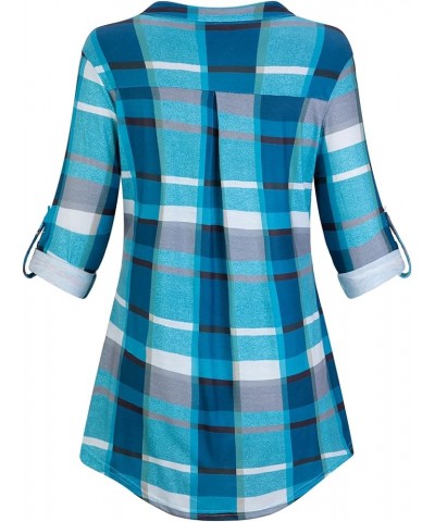 Womens Casual Long Sleeve Zipped V Neck Plaid Tunic Blouses B-turquoise $15.94 Tops