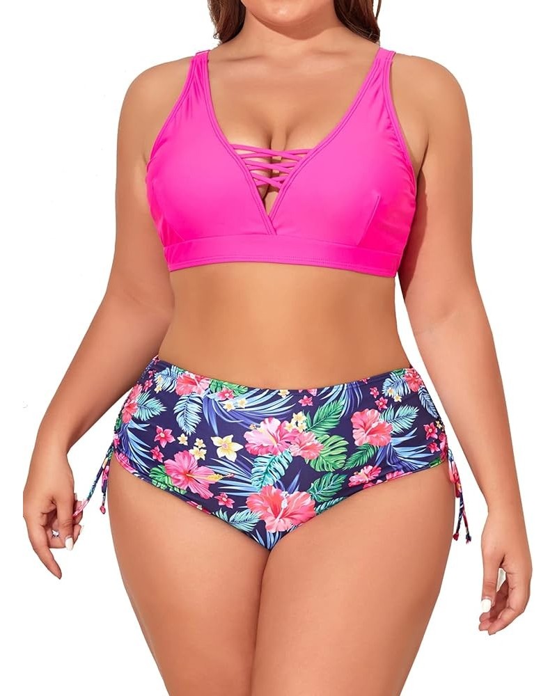 Women's Plus Size Two Piece Swimsuit Lace Up Bathing Suits V Neck Swimwear Drawstring Bikini Set Pattern 02 $12.15 Swimsuits