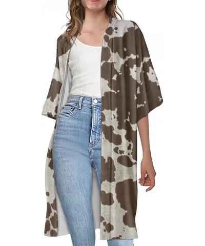 Women Summer Cardigan Casual Open Front Half Sleeve Loose Cover Ups Tops Kimono Plus Size Brown Cow Pattern $17.66 Swimsuits