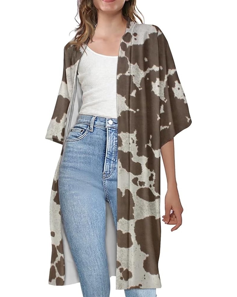 Women Summer Cardigan Casual Open Front Half Sleeve Loose Cover Ups Tops Kimono Plus Size Brown Cow Pattern $17.66 Swimsuits