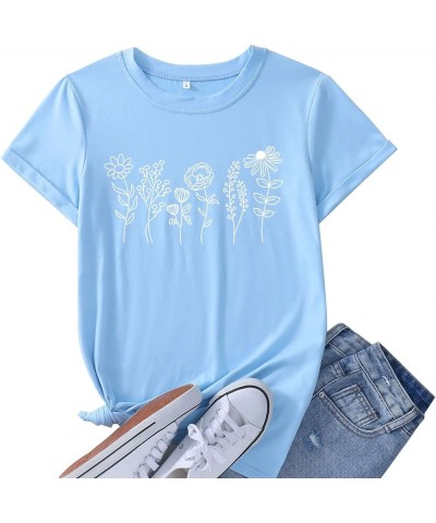 Women's Floral Tee Wildflower Graphic T Shirt Summer Flower Casual Loose Top Crew Neck Short Sleeve Shirts Tees Light Blue $1...