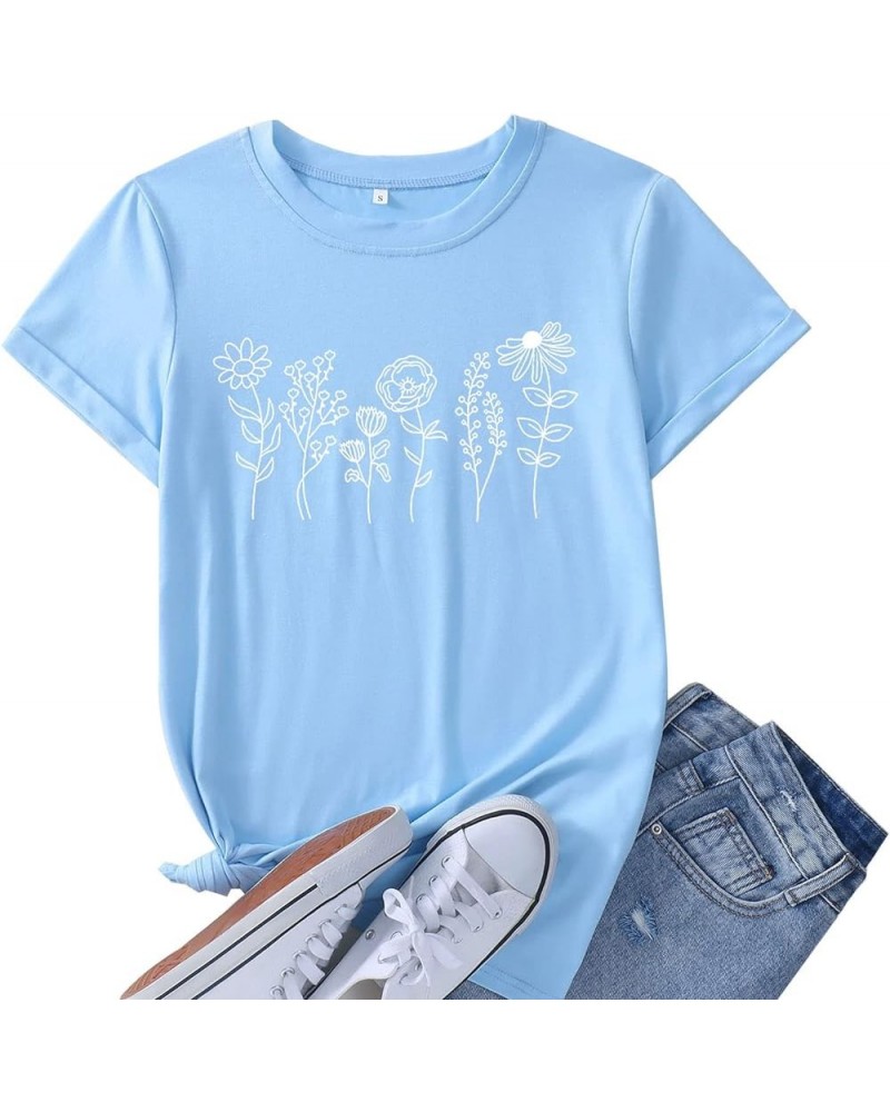 Women's Floral Tee Wildflower Graphic T Shirt Summer Flower Casual Loose Top Crew Neck Short Sleeve Shirts Tees Light Blue $1...