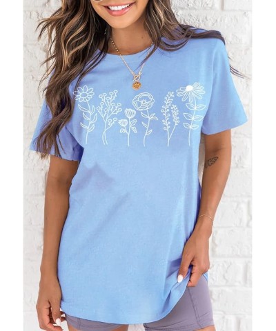 Women's Floral Tee Wildflower Graphic T Shirt Summer Flower Casual Loose Top Crew Neck Short Sleeve Shirts Tees Light Blue $1...