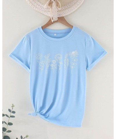 Women's Floral Tee Wildflower Graphic T Shirt Summer Flower Casual Loose Top Crew Neck Short Sleeve Shirts Tees Light Blue $1...