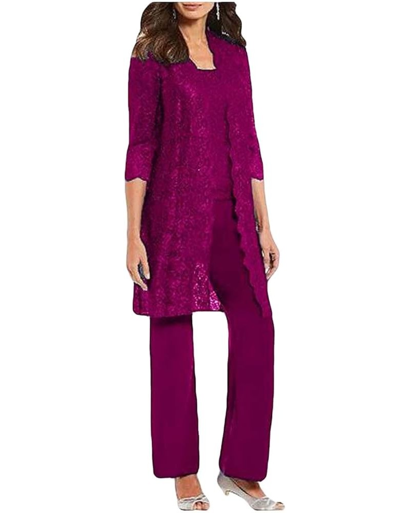 Chic Mother of The Bride Pant Suits 3 Pieces Long Sleeve Chiffon Groom Mother Dress with Jacket Wedding Guest Gown Fuchsia $3...