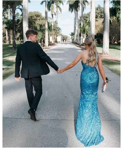 Women's Sequin One Shoulder Prom Dresses 2024 Mermaid Evening Gowns Long Formal Dress with Slit Silver $37.50 Dresses