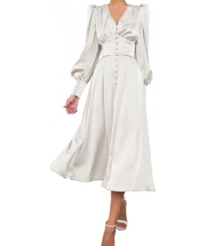 Women's Puff Sleeve Satin Maxi Dress Long Lantern Sleeve Button Down Ruffle Single Breasted Vintage Midi Dresses White $23.59...