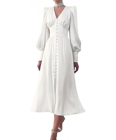 Women's Puff Sleeve Satin Maxi Dress Long Lantern Sleeve Button Down Ruffle Single Breasted Vintage Midi Dresses White $23.59...