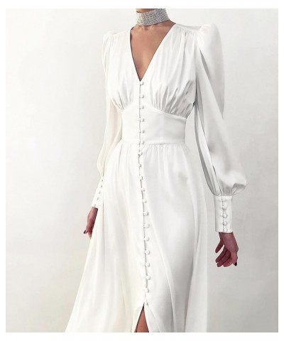 Women's Puff Sleeve Satin Maxi Dress Long Lantern Sleeve Button Down Ruffle Single Breasted Vintage Midi Dresses White $23.59...