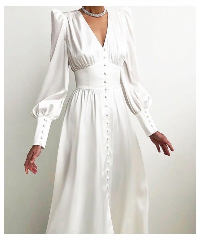 Women's Puff Sleeve Satin Maxi Dress Long Lantern Sleeve Button Down Ruffle Single Breasted Vintage Midi Dresses White $23.59...