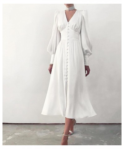 Women's Puff Sleeve Satin Maxi Dress Long Lantern Sleeve Button Down Ruffle Single Breasted Vintage Midi Dresses White $23.59...