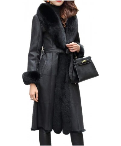 Women Genuine Rabbit Leather Long Coat with Fox Fur Collar with Rabbit Fur Lining with Fox Fur Cuffs Black $103.36 Coats