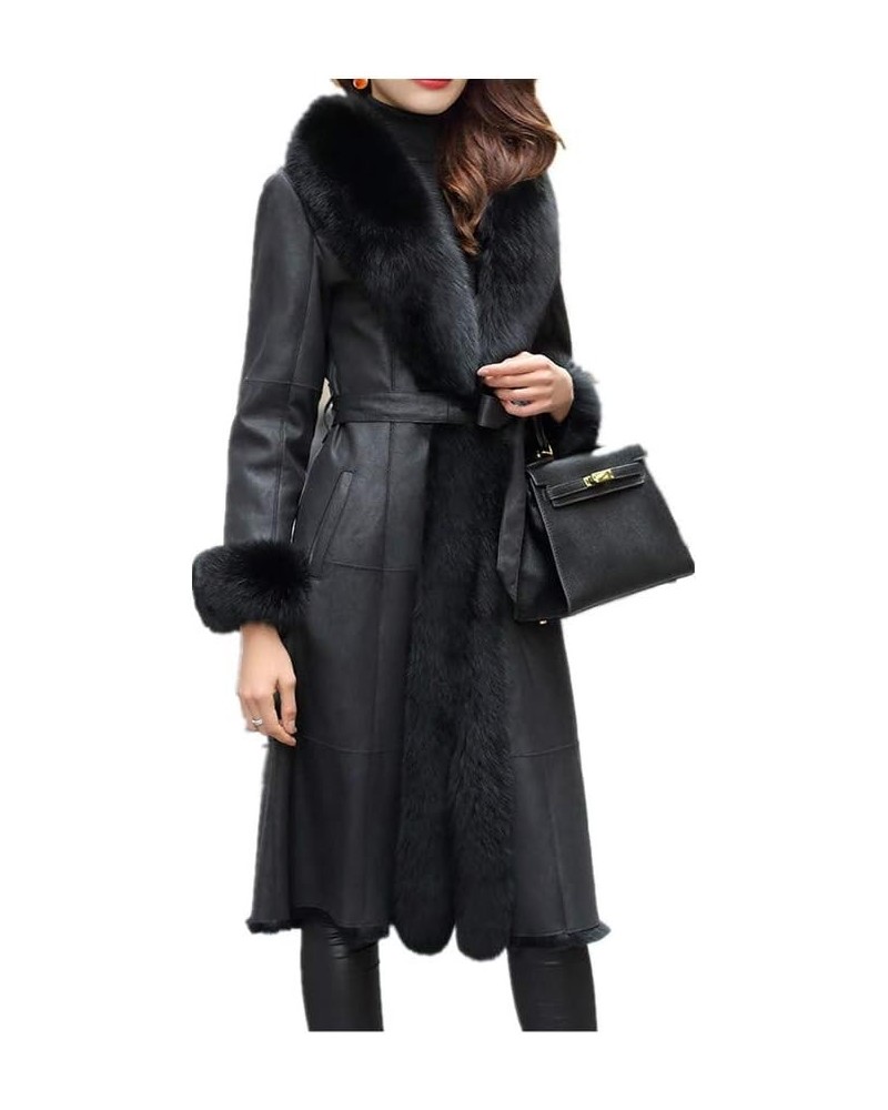 Women Genuine Rabbit Leather Long Coat with Fox Fur Collar with Rabbit Fur Lining with Fox Fur Cuffs Black $103.36 Coats