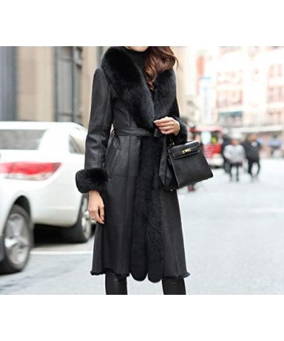 Women Genuine Rabbit Leather Long Coat with Fox Fur Collar with Rabbit Fur Lining with Fox Fur Cuffs Black $103.36 Coats