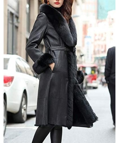 Women Genuine Rabbit Leather Long Coat with Fox Fur Collar with Rabbit Fur Lining with Fox Fur Cuffs Black $103.36 Coats