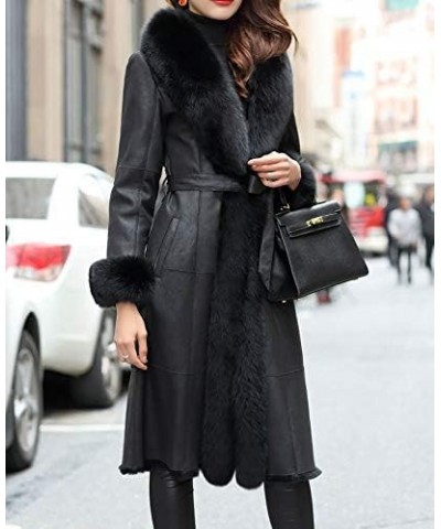 Women Genuine Rabbit Leather Long Coat with Fox Fur Collar with Rabbit Fur Lining with Fox Fur Cuffs Black $103.36 Coats