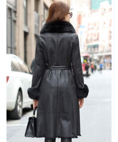 Women Genuine Rabbit Leather Long Coat with Fox Fur Collar with Rabbit Fur Lining with Fox Fur Cuffs Black $103.36 Coats