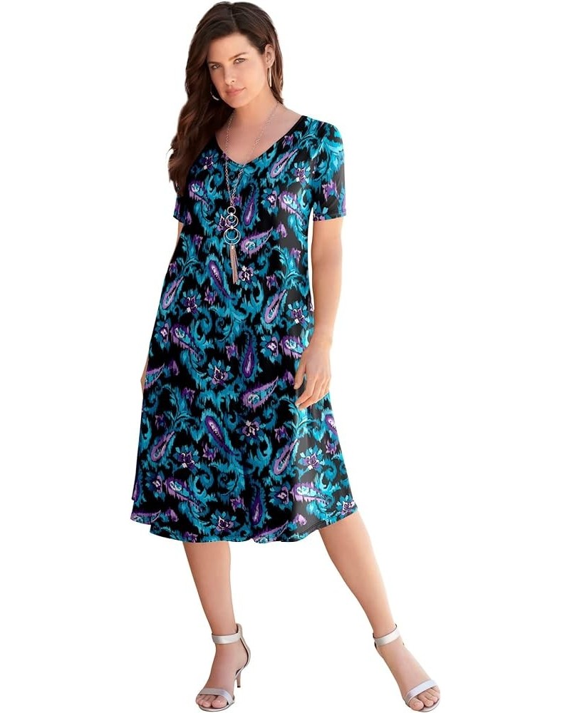 Women's Plus Size Ultrasmooth Fabric V-Neck Swing Dress Stretch Jersey Short Sleeve V-Neck Black Ikat Paisley $17.92 Dresses