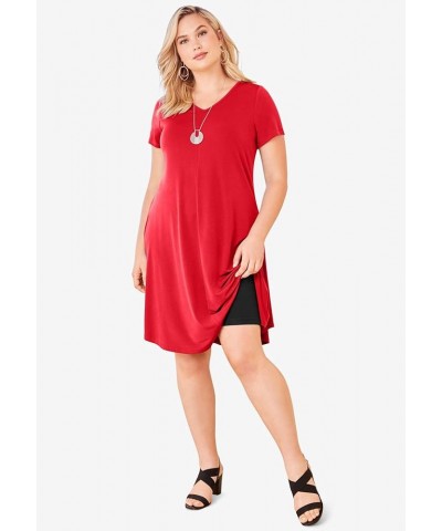 Women's Plus Size Ultrasmooth Fabric V-Neck Swing Dress Stretch Jersey Short Sleeve V-Neck Black Ikat Paisley $17.92 Dresses