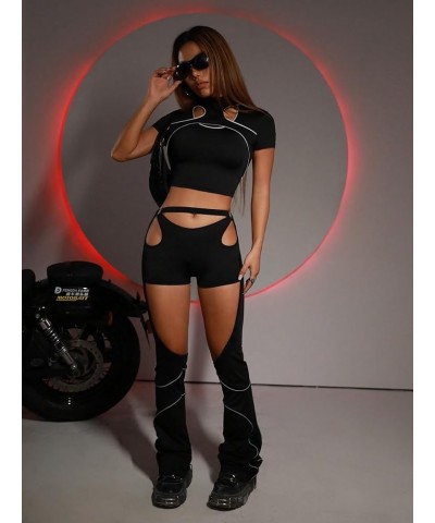 Women's Sexy Glowing Cut Out Flare Leg Pants Low Waist Solid Pants Bottom Black $19.46 Pants