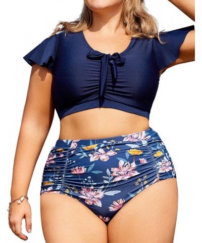 Womens Two Piece Plus Size Bikini Set Ruffle Short Sleeve Swimsuits Ruched Tummy Control Bathing Suits Navy Blue＆pink Floral ...