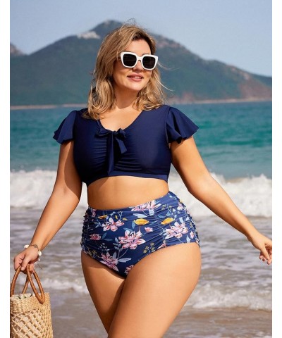 Womens Two Piece Plus Size Bikini Set Ruffle Short Sleeve Swimsuits Ruched Tummy Control Bathing Suits Navy Blue＆pink Floral ...