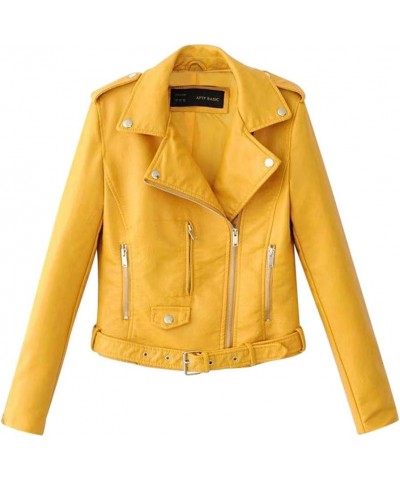 Women's Faux Leather Moto Biker Short Jacket Vintage Zip Up Pu Motorcycle Slim Fit Lightweight Cropped Coat Outerwear I-yello...