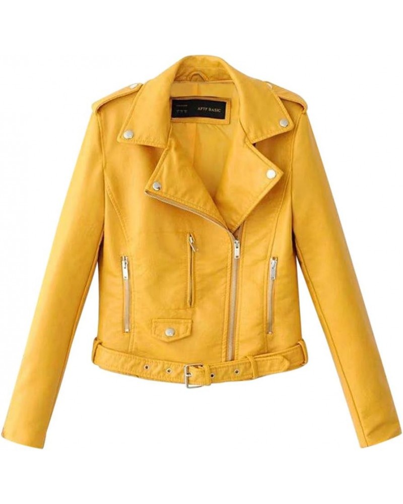 Women's Faux Leather Moto Biker Short Jacket Vintage Zip Up Pu Motorcycle Slim Fit Lightweight Cropped Coat Outerwear I-yello...