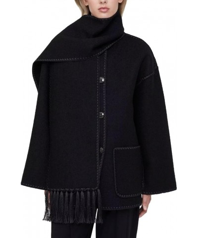 Women's Autumn And Winter Fashion Coat Casual Embroidery Tassel Scarf Loose Jacket Black $30.16 Jackets