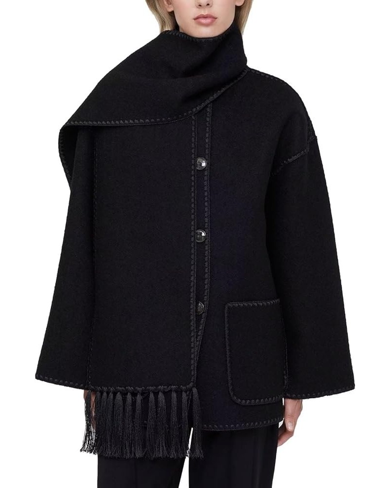 Women's Autumn And Winter Fashion Coat Casual Embroidery Tassel Scarf Loose Jacket Black $30.16 Jackets