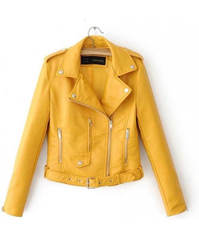 Women's Faux Leather Moto Biker Short Jacket Vintage Zip Up Pu Motorcycle Slim Fit Lightweight Cropped Coat Outerwear I-yello...